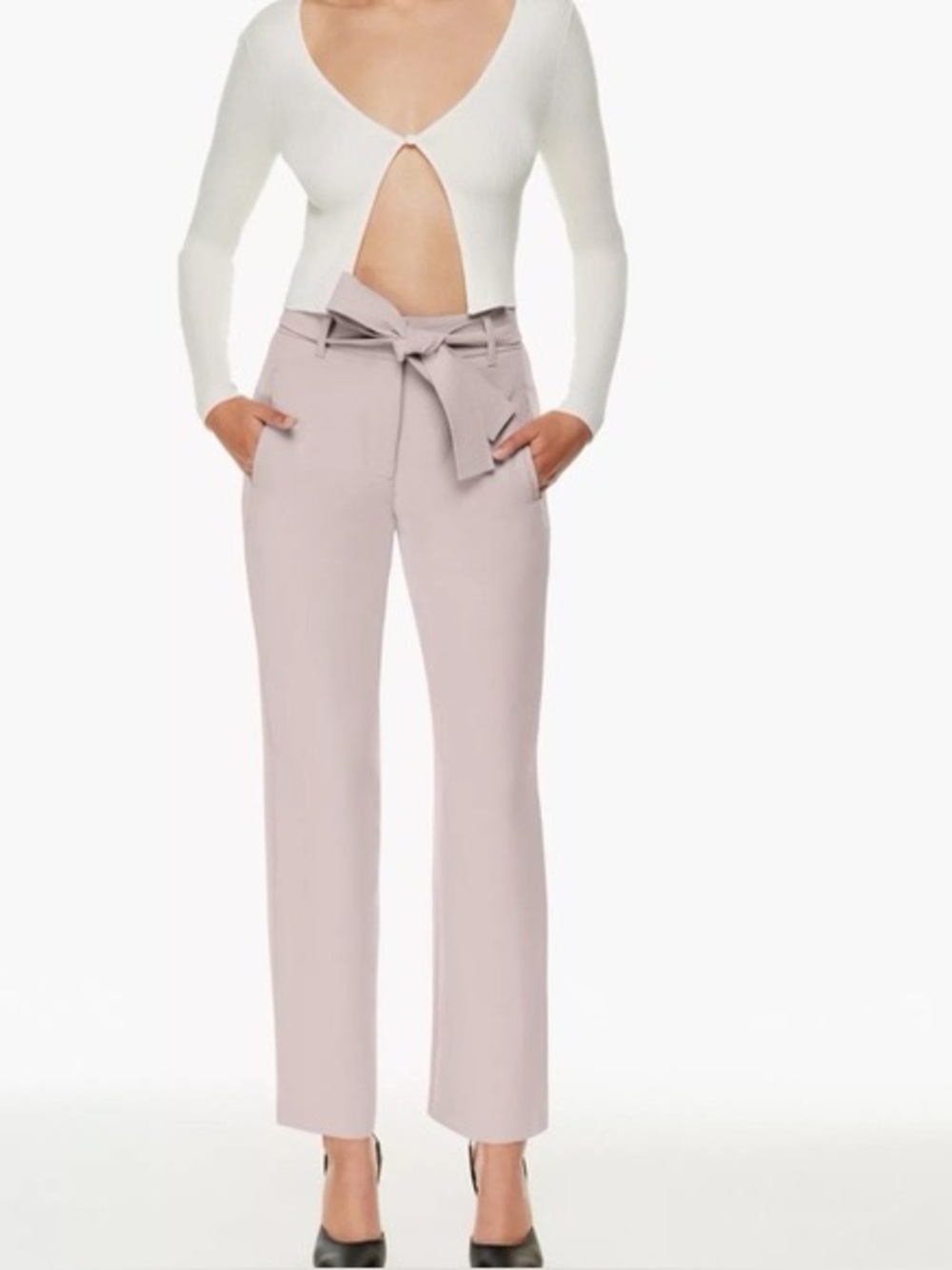 ARITZIA WILFRED Tie-Front Pants Bow Waist Straight-Leg Crop Ankle Blush Pink 4